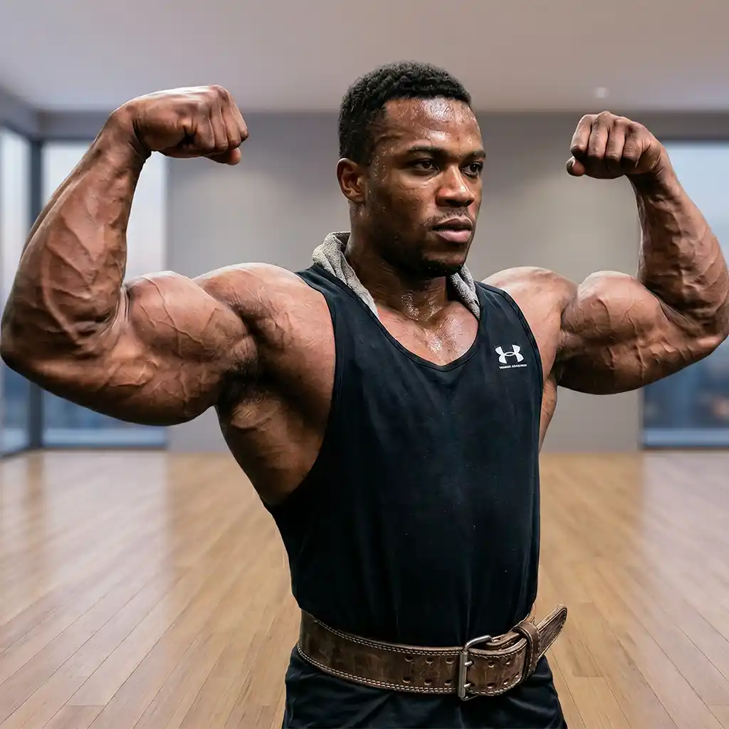 Muscular gym-goer performing a dumbbell bicep curl to build arm size