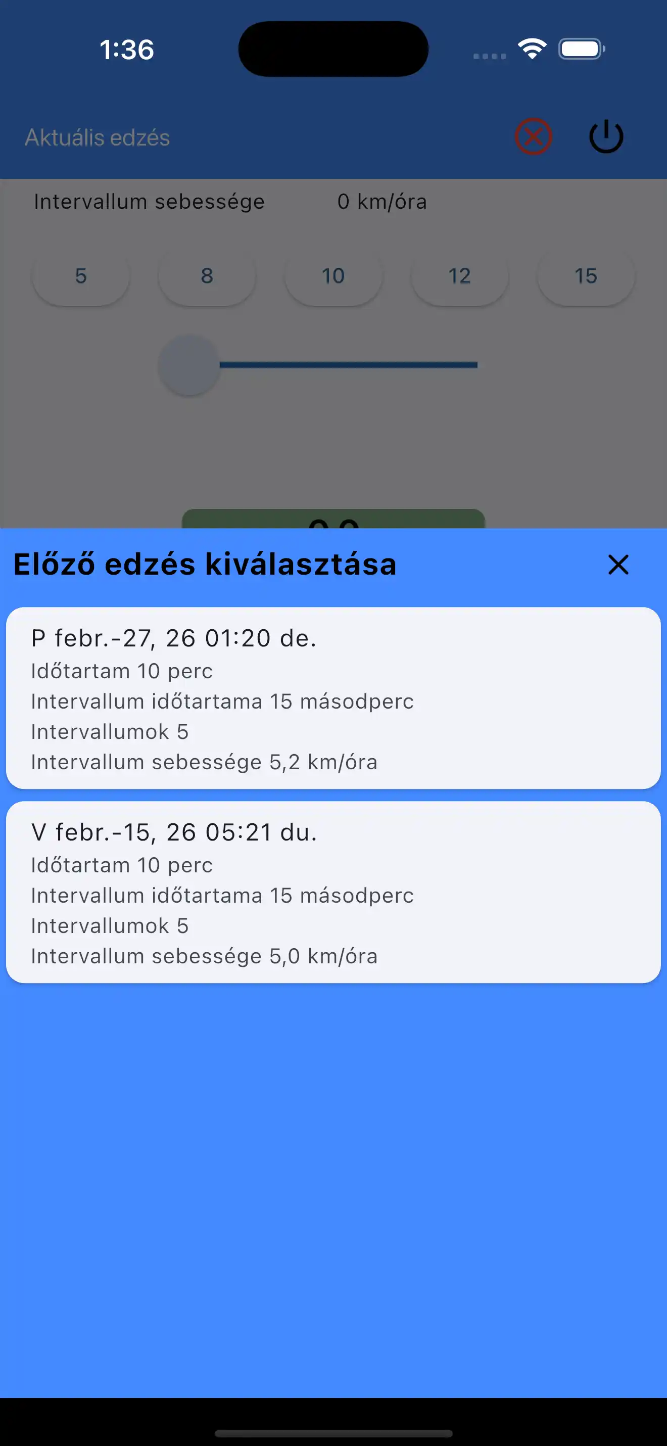 Vyberte poslední nastavení Kardio intervaly HIIT