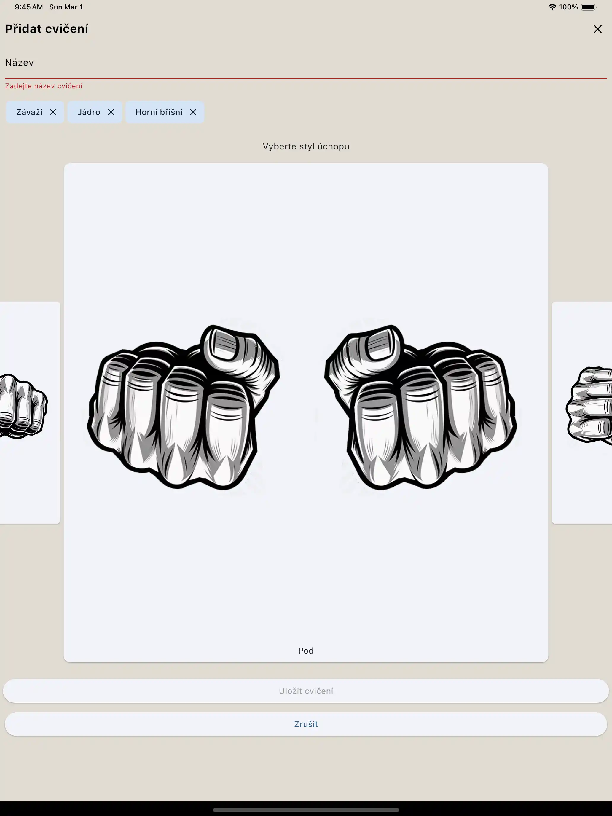 Vytváření cvičení držení tablet