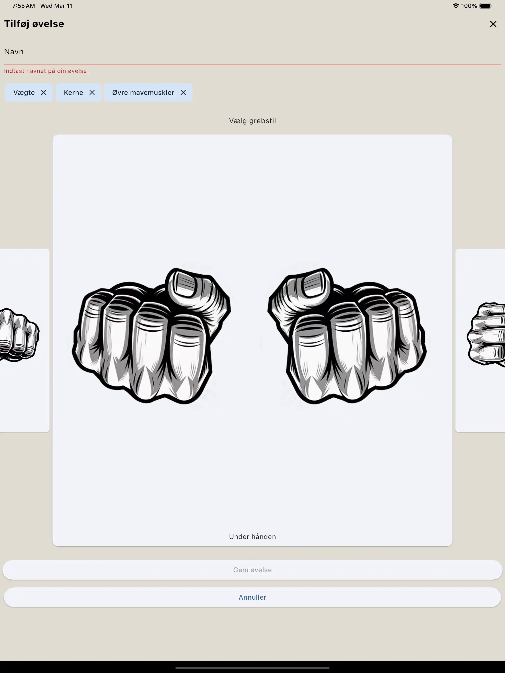Oprettelse af øvelse greb tablet