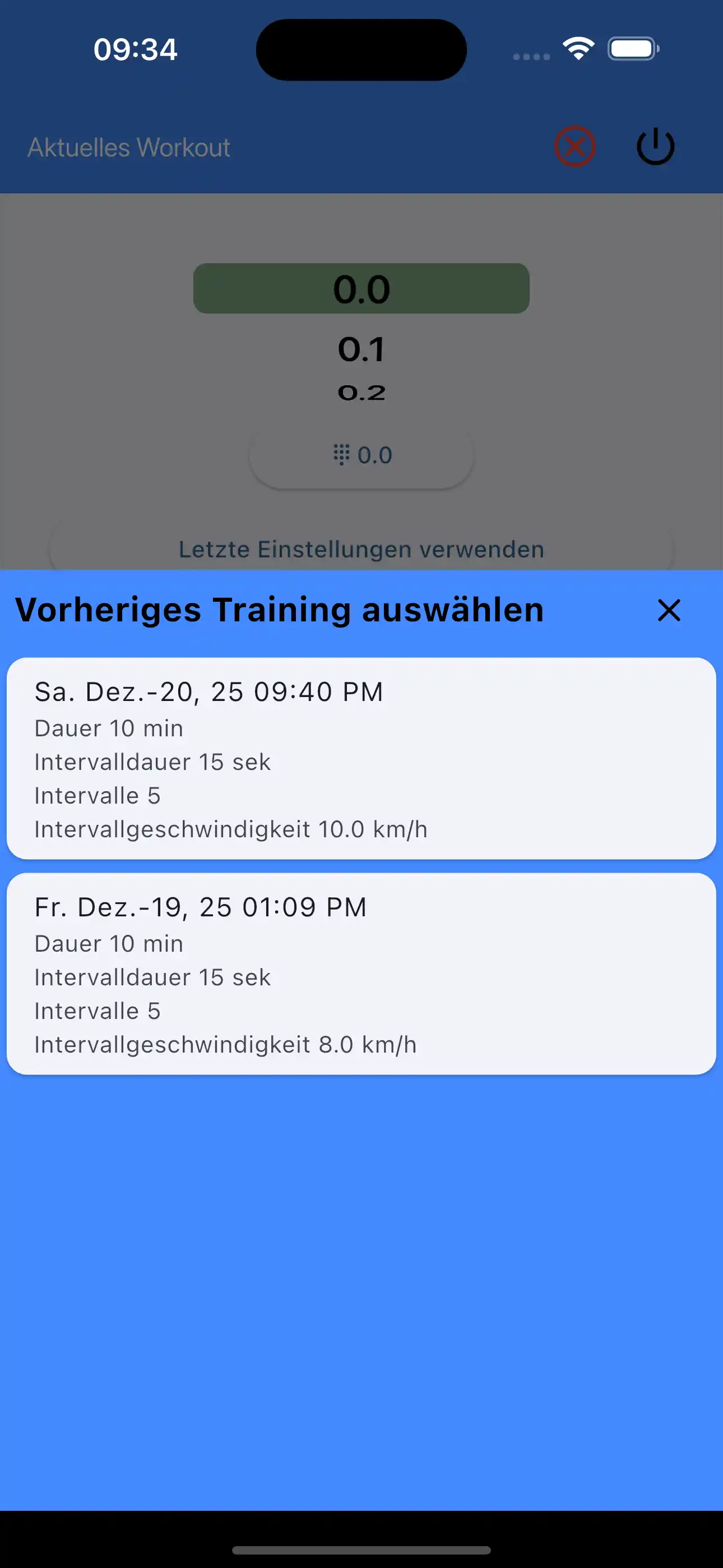Letzte Einstellungen auswählen Cardio-Intervalle HIIT