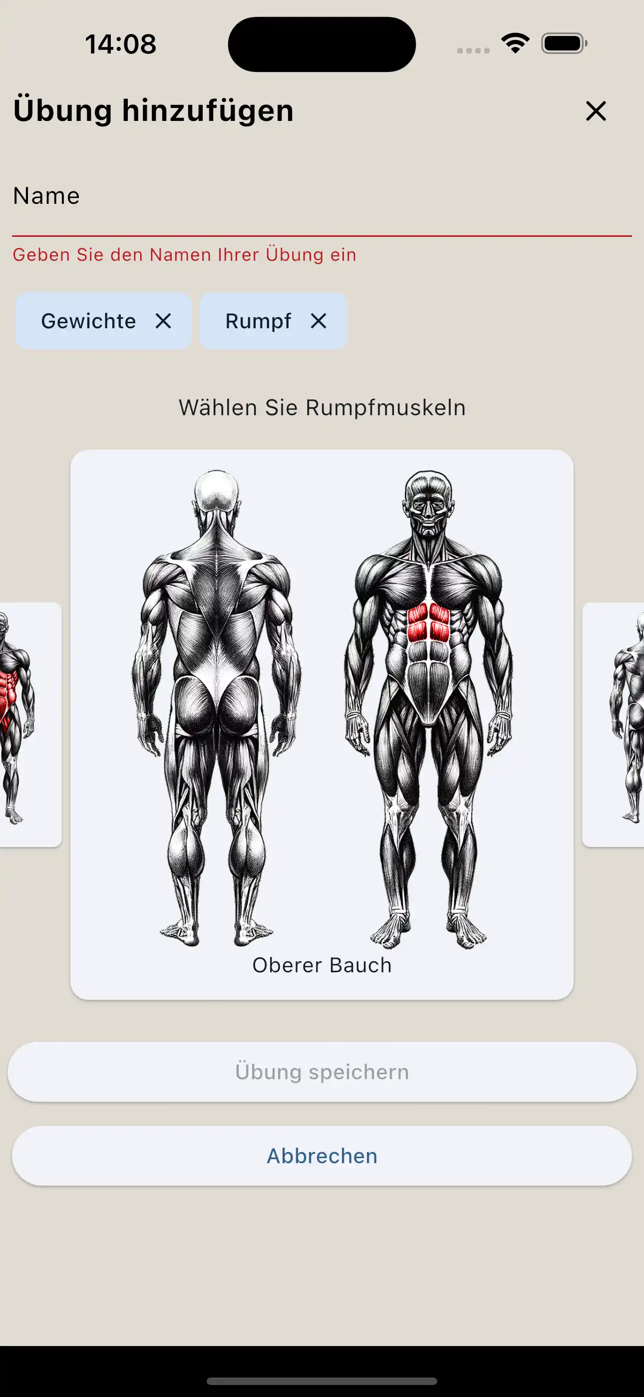 Übungserstellung Muskelgruppe Handy
