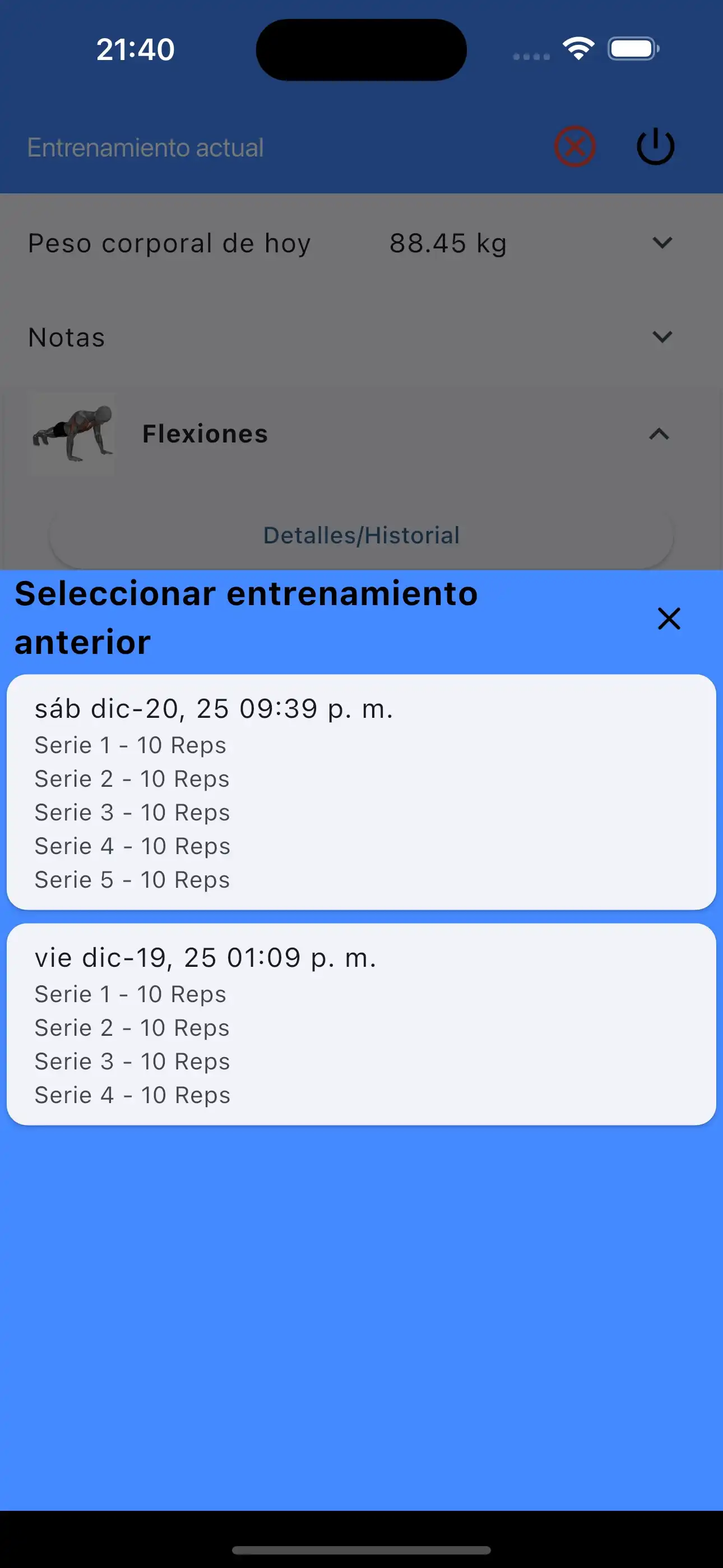 Elegir solo las últimas series y repeticiones