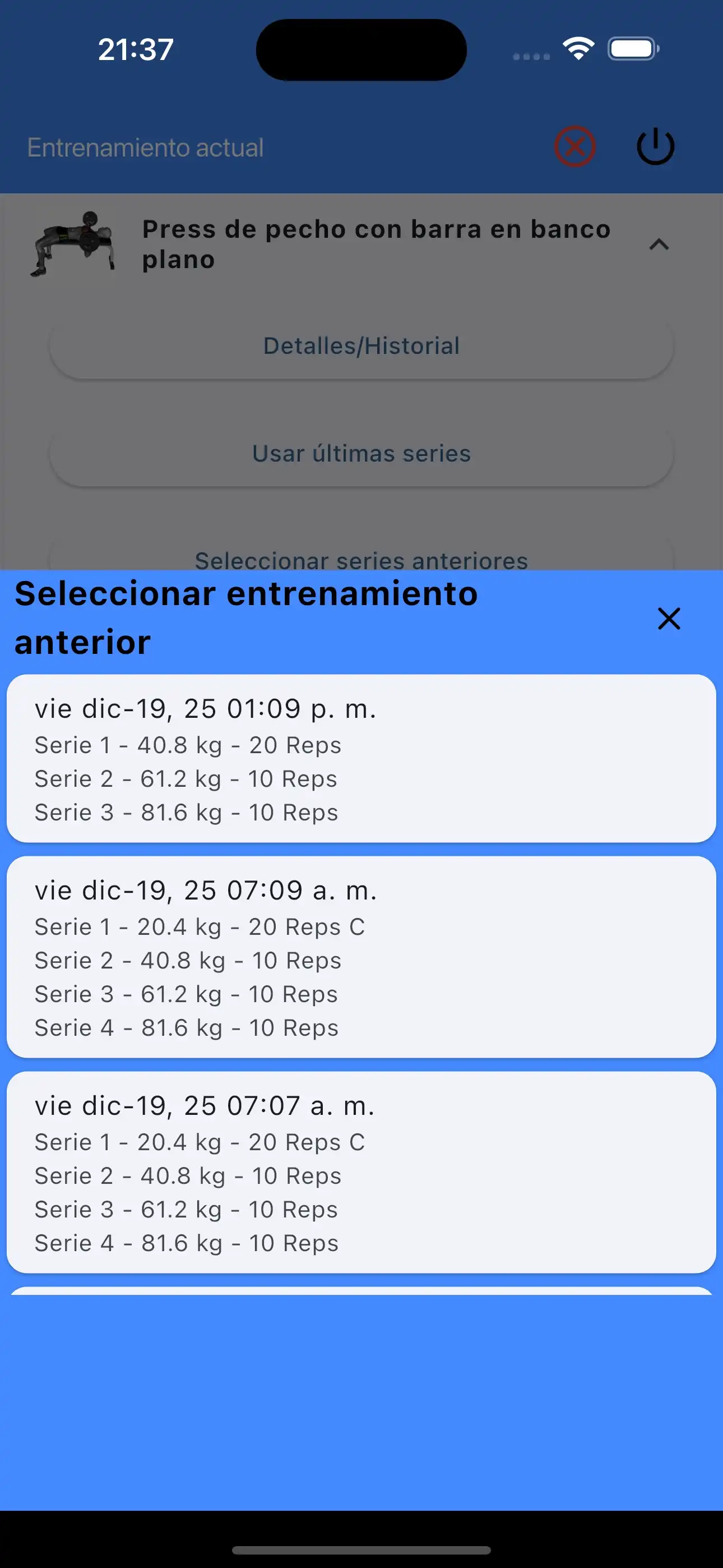 Elige las últimas series de entrenamiento con pesas