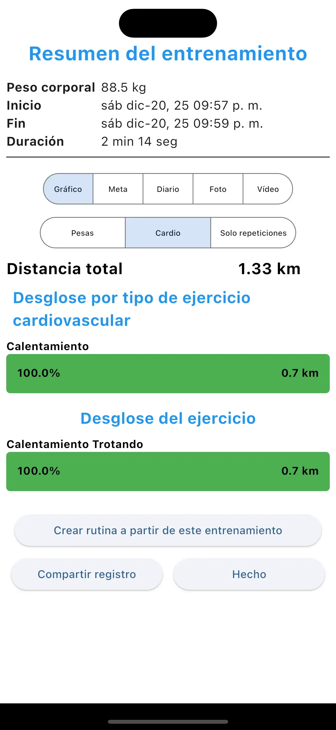 Resumen del entrenamiento cardiovascular