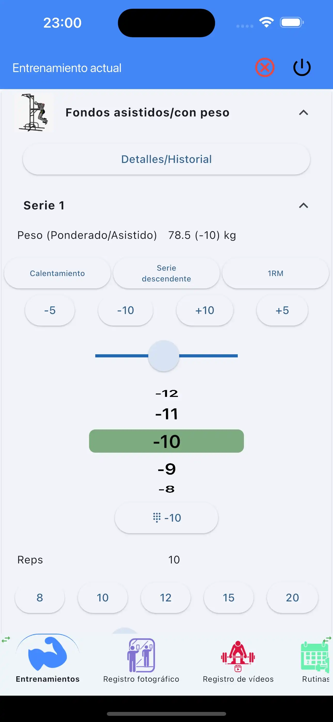 Teléfono para seguimiento de ejercicios asistidos/pesados