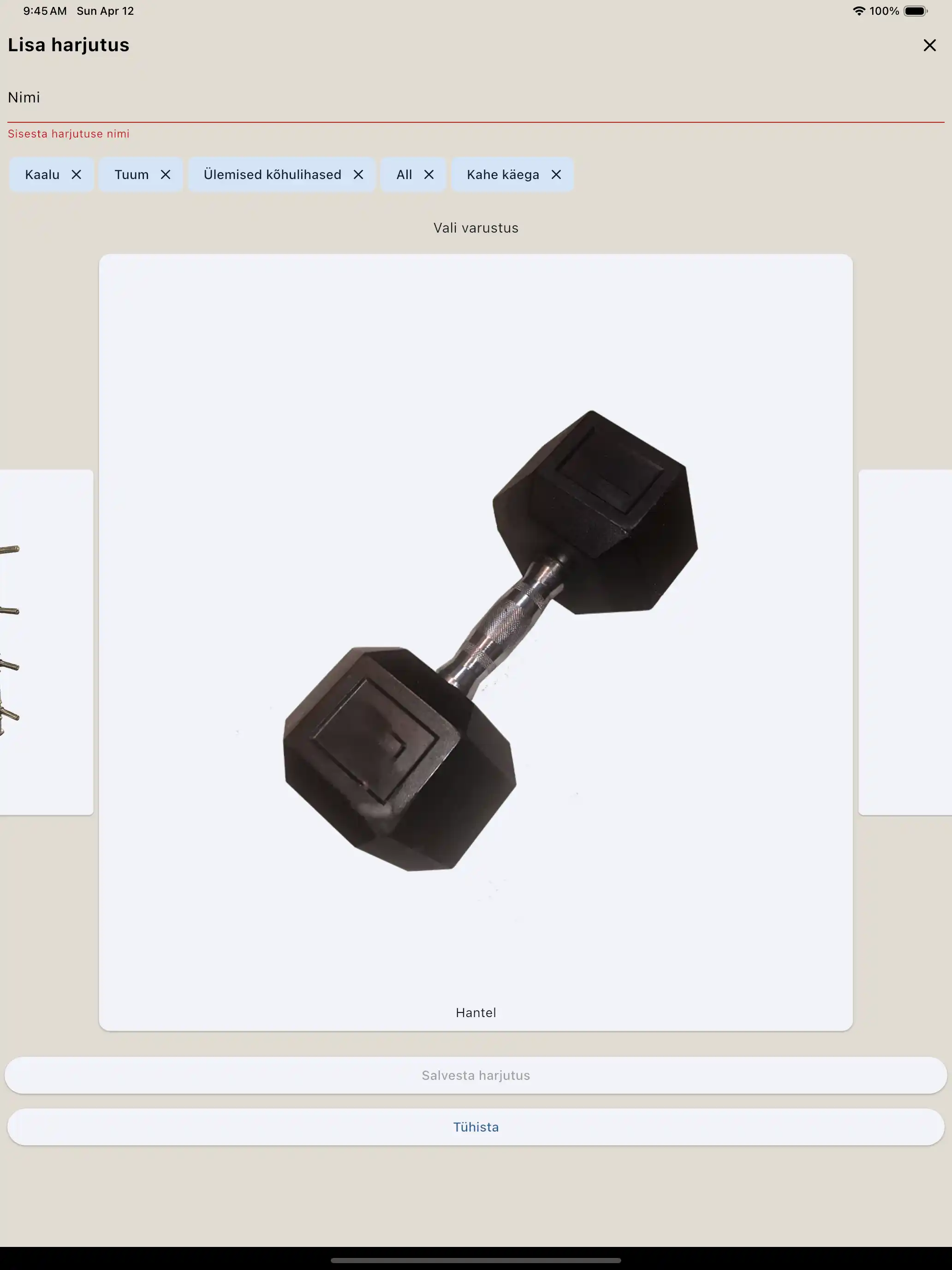 Harjutuse loomine varustus tahvelarvuti