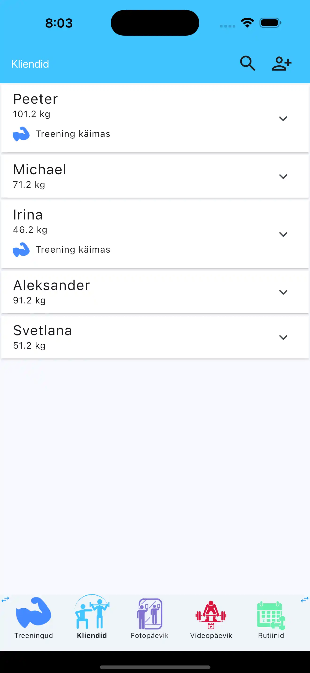 Personaaltreenerite klientide nimekiri telefonis