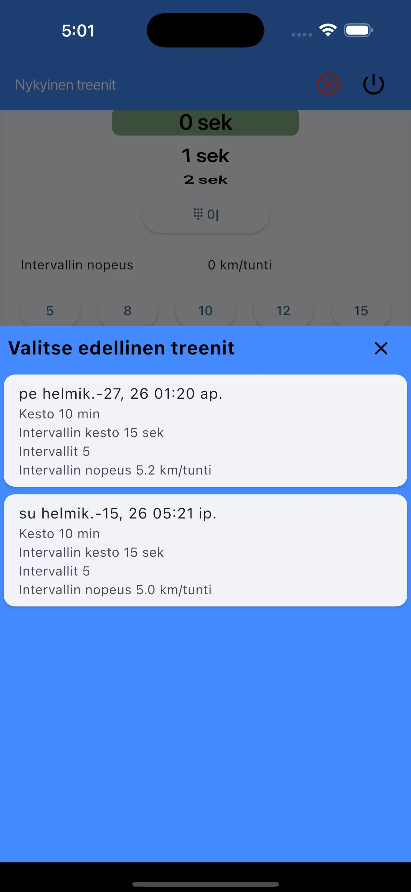 Valitse edelliset asetukset kardio-intervalleissa hiit