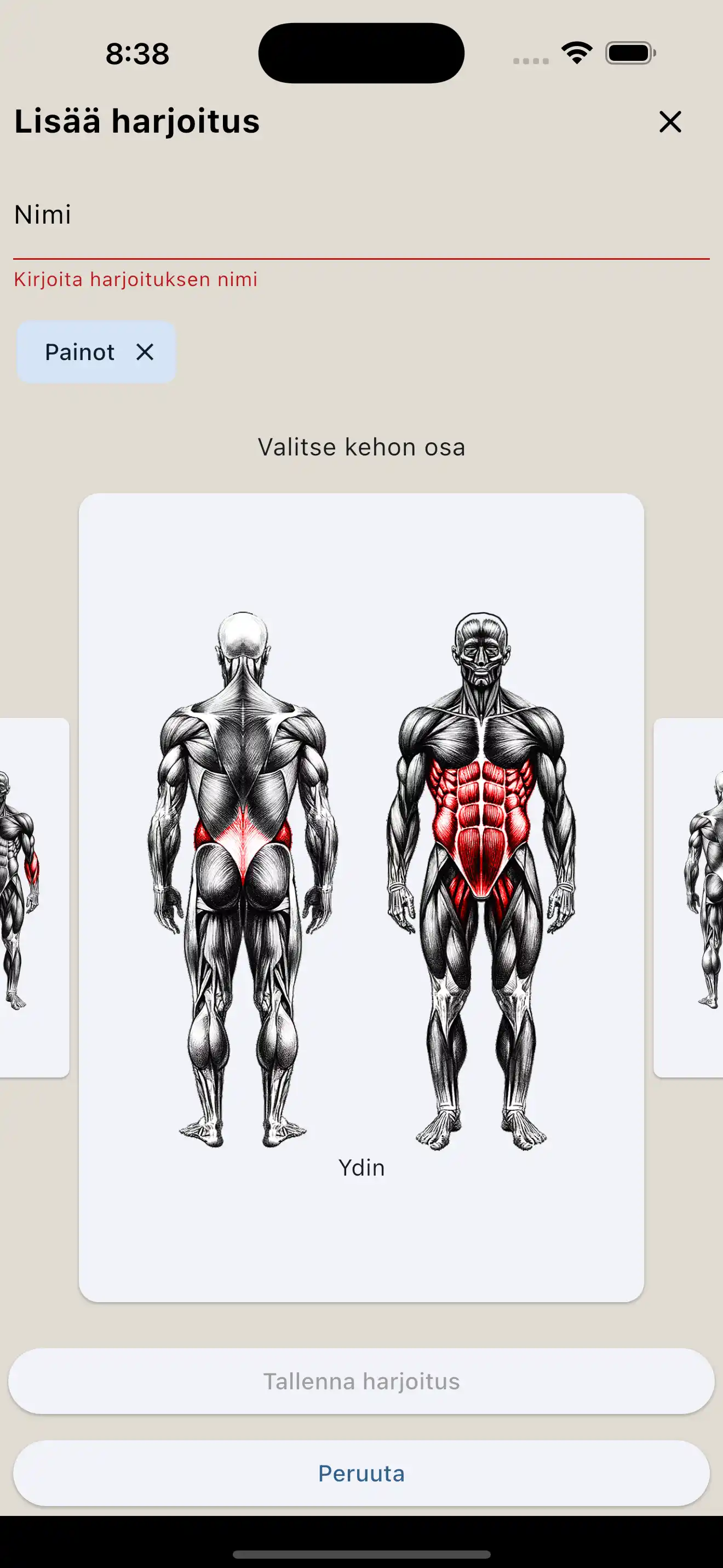 Harjoituksen luomisen puhelin
