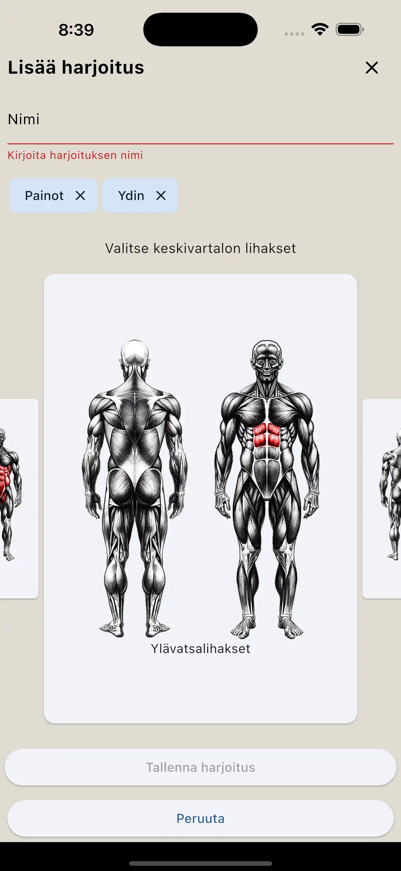 Harjoituksen luomisen lihasryhmä puhelin