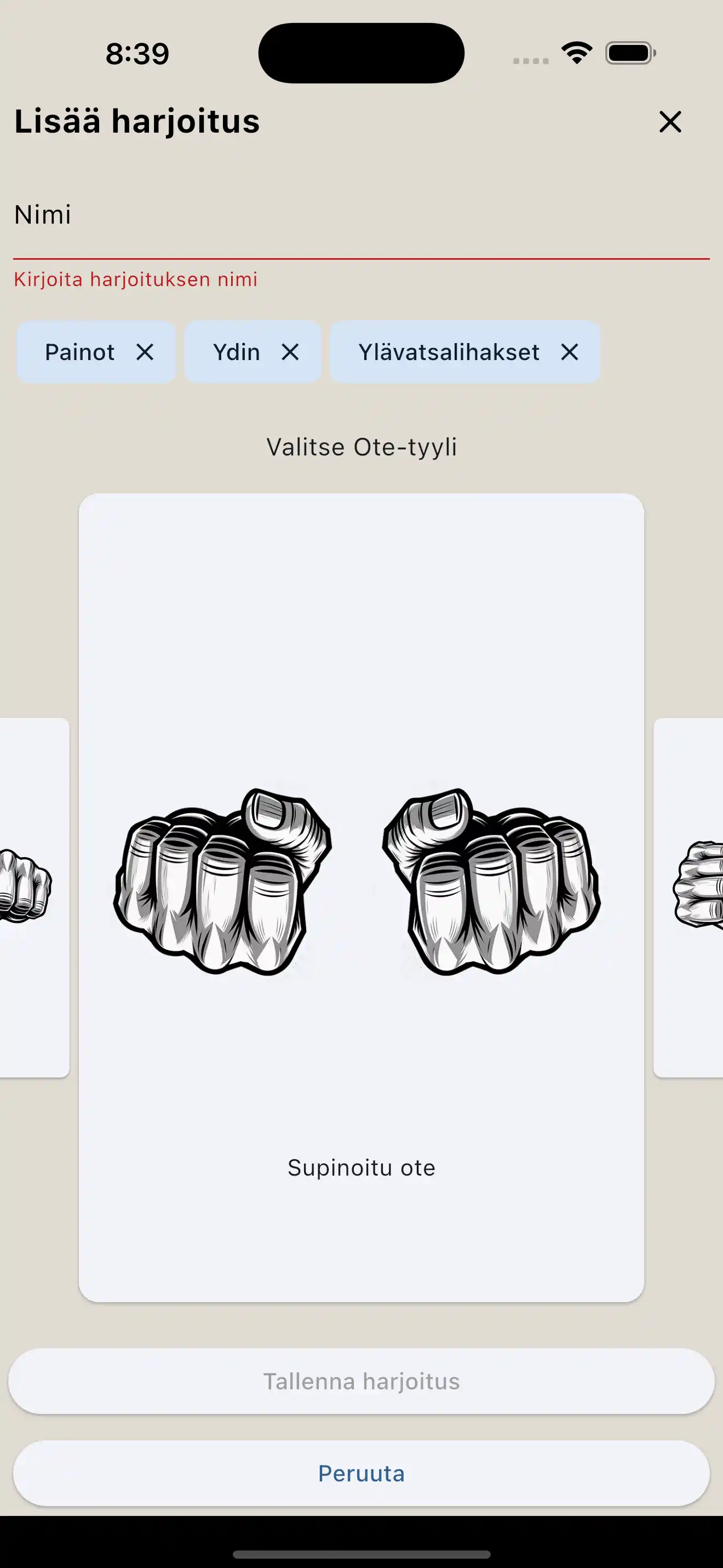 Harjoituksen luomisen ote puhelin