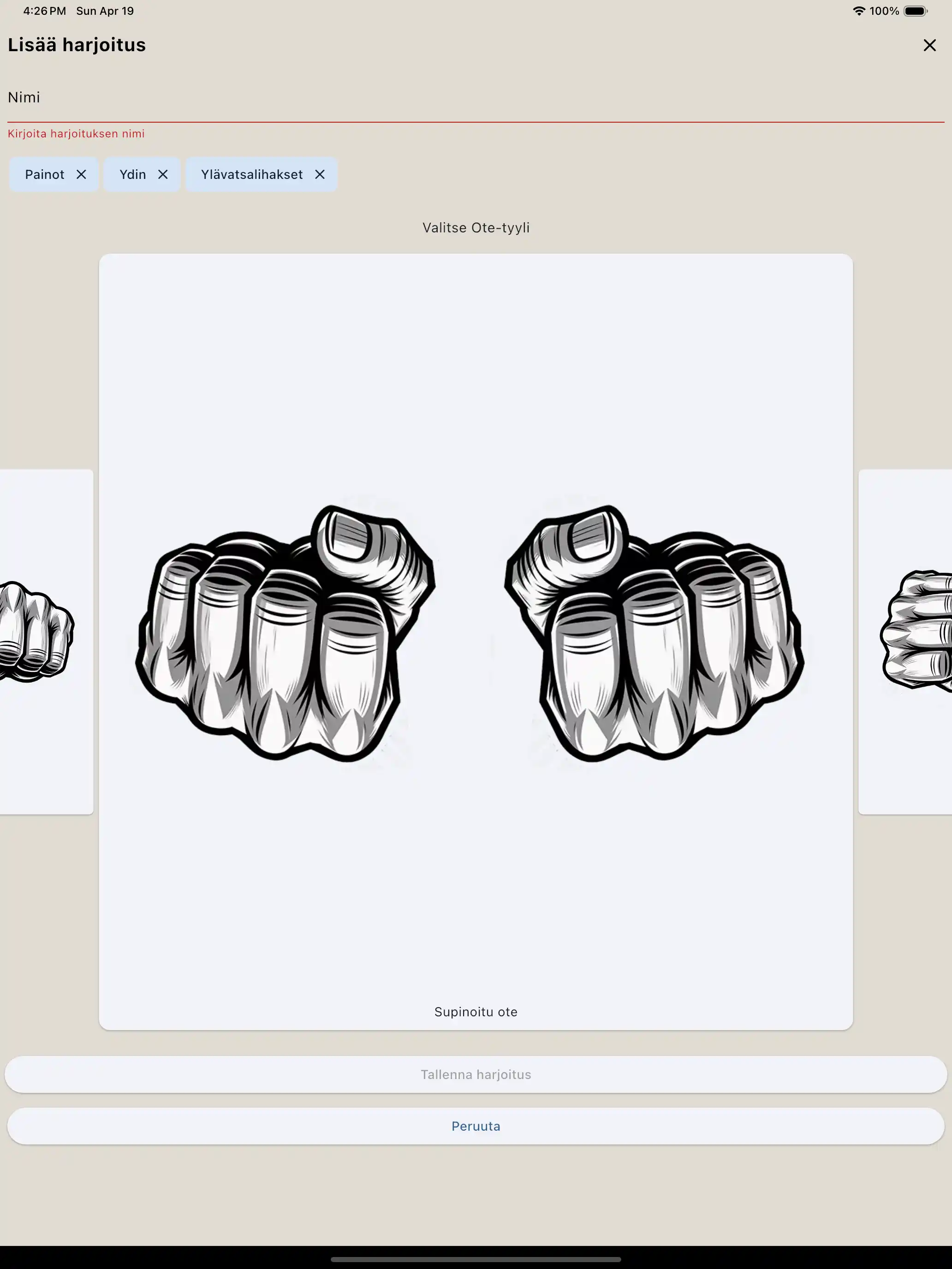 Harjoituksen luomisen ote tabletti