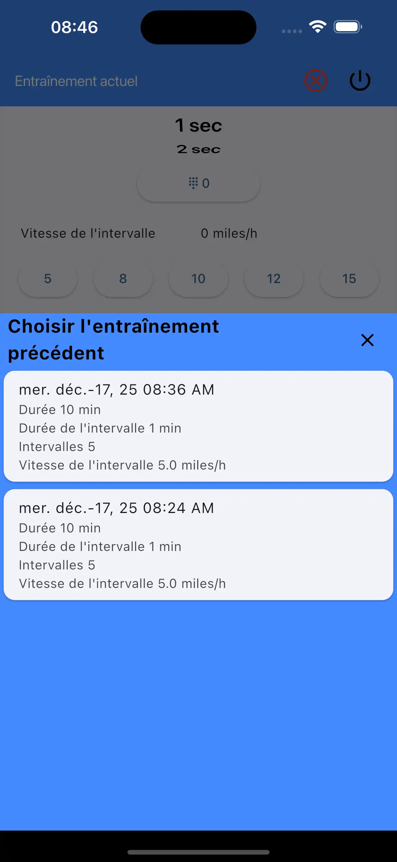 Choisir les dernières réglages Intervalles Cardio HIIT