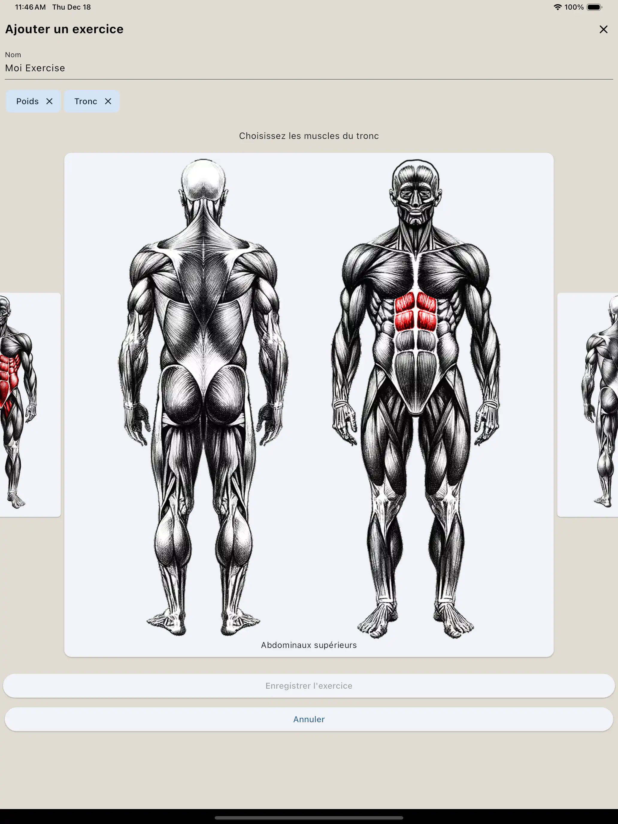 Tablette de création d'exercices par groupe musculaire