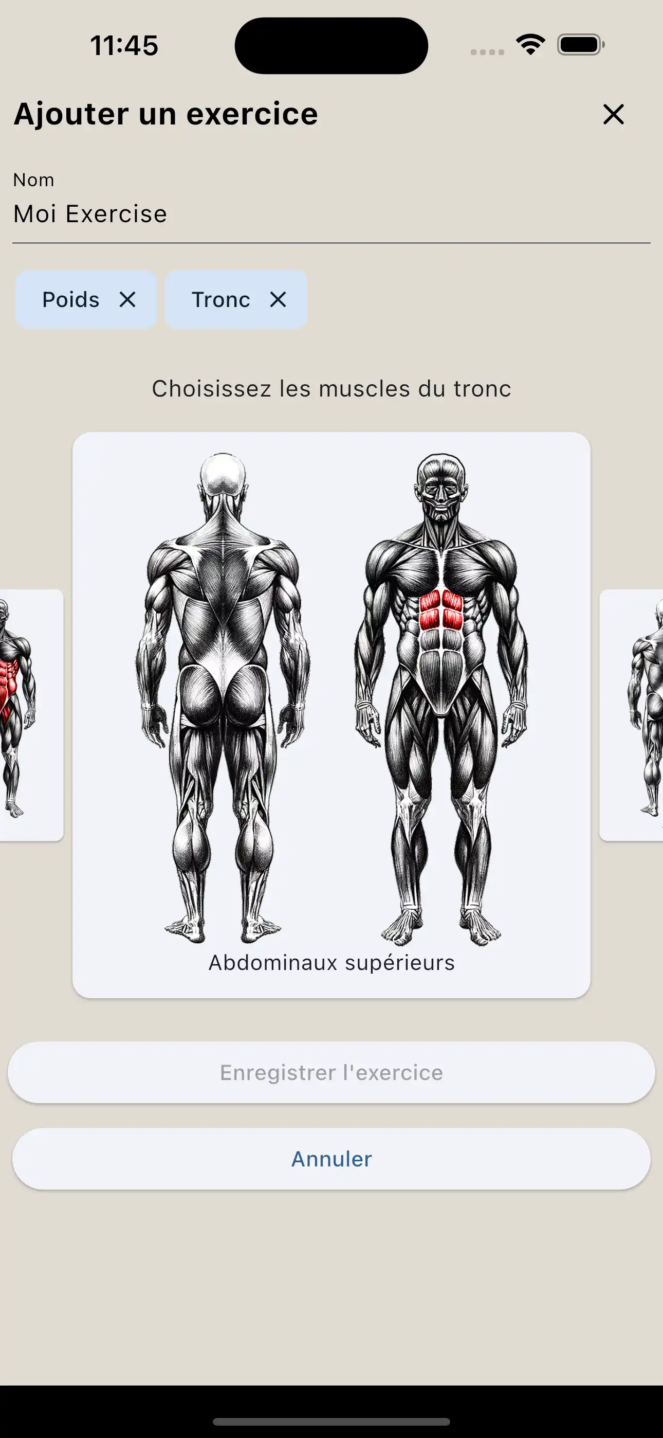 Exercice création groupe musculaire téléphone