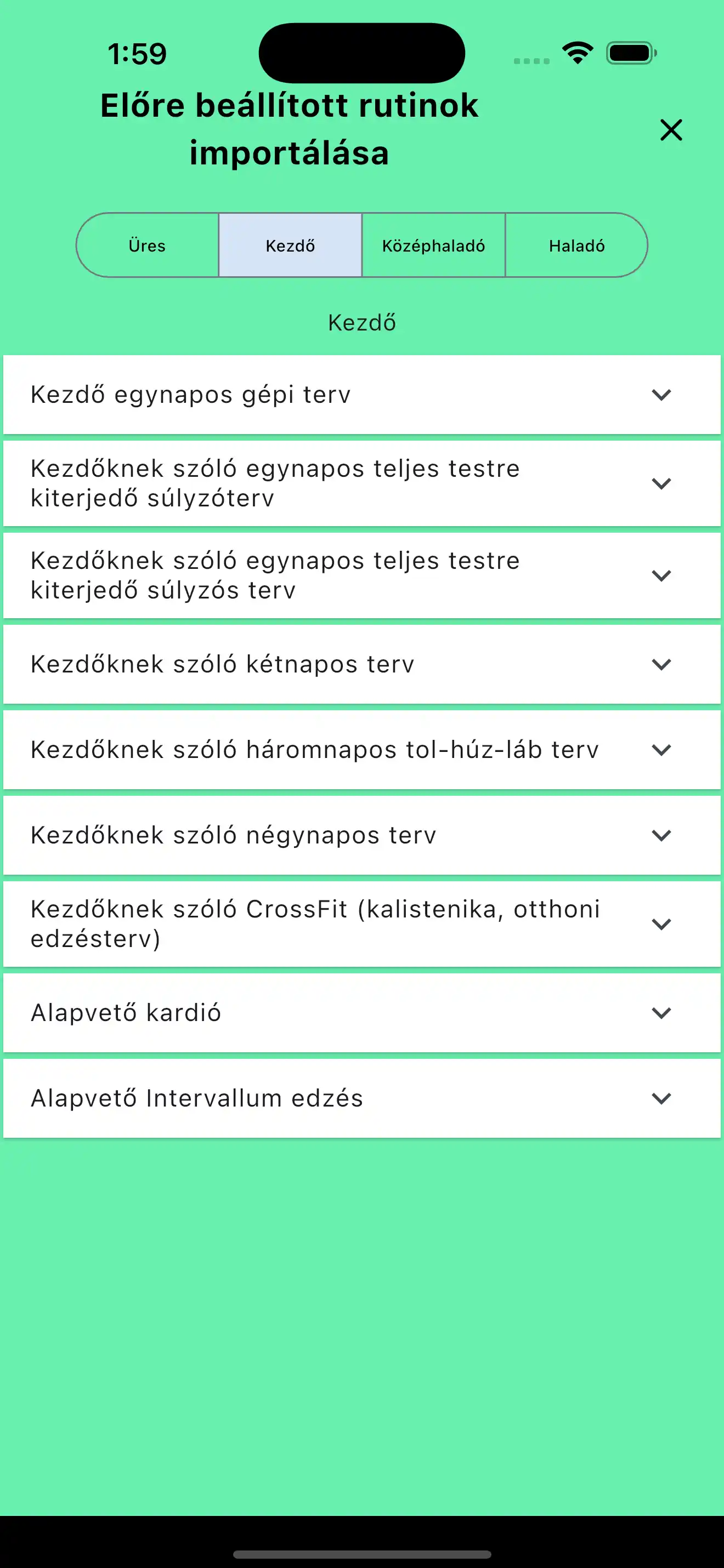 Rutinok importálása alapértelmezett sablonok telefonon