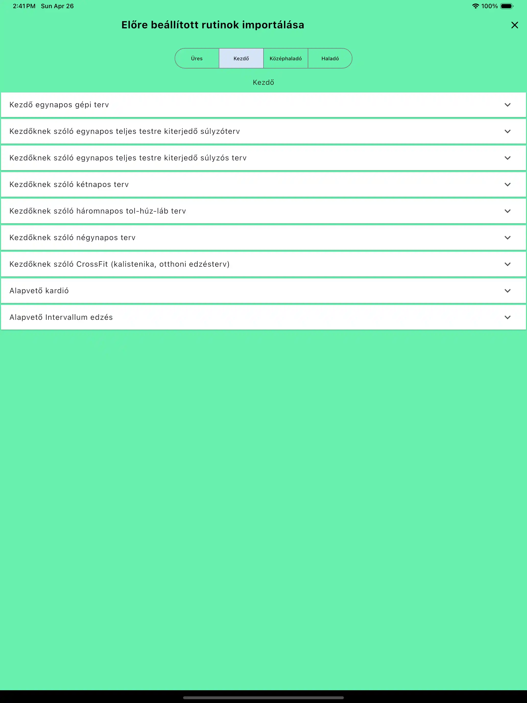 Rutinok importálása alapértelmezett sablonok tableten