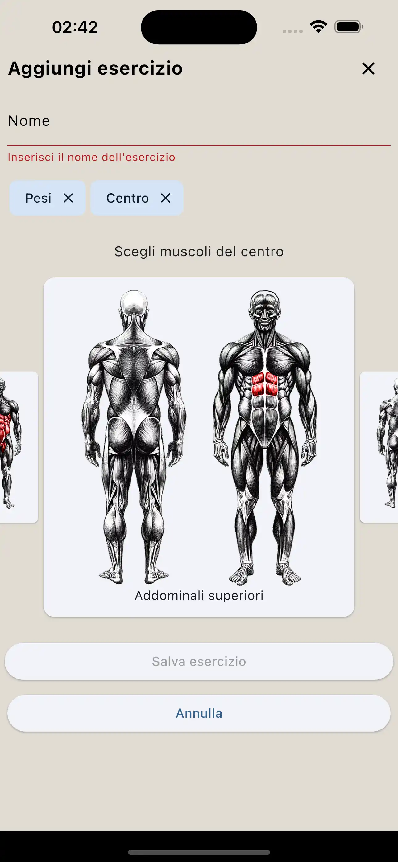 Creazione esercizio gruppo muscolare telefono