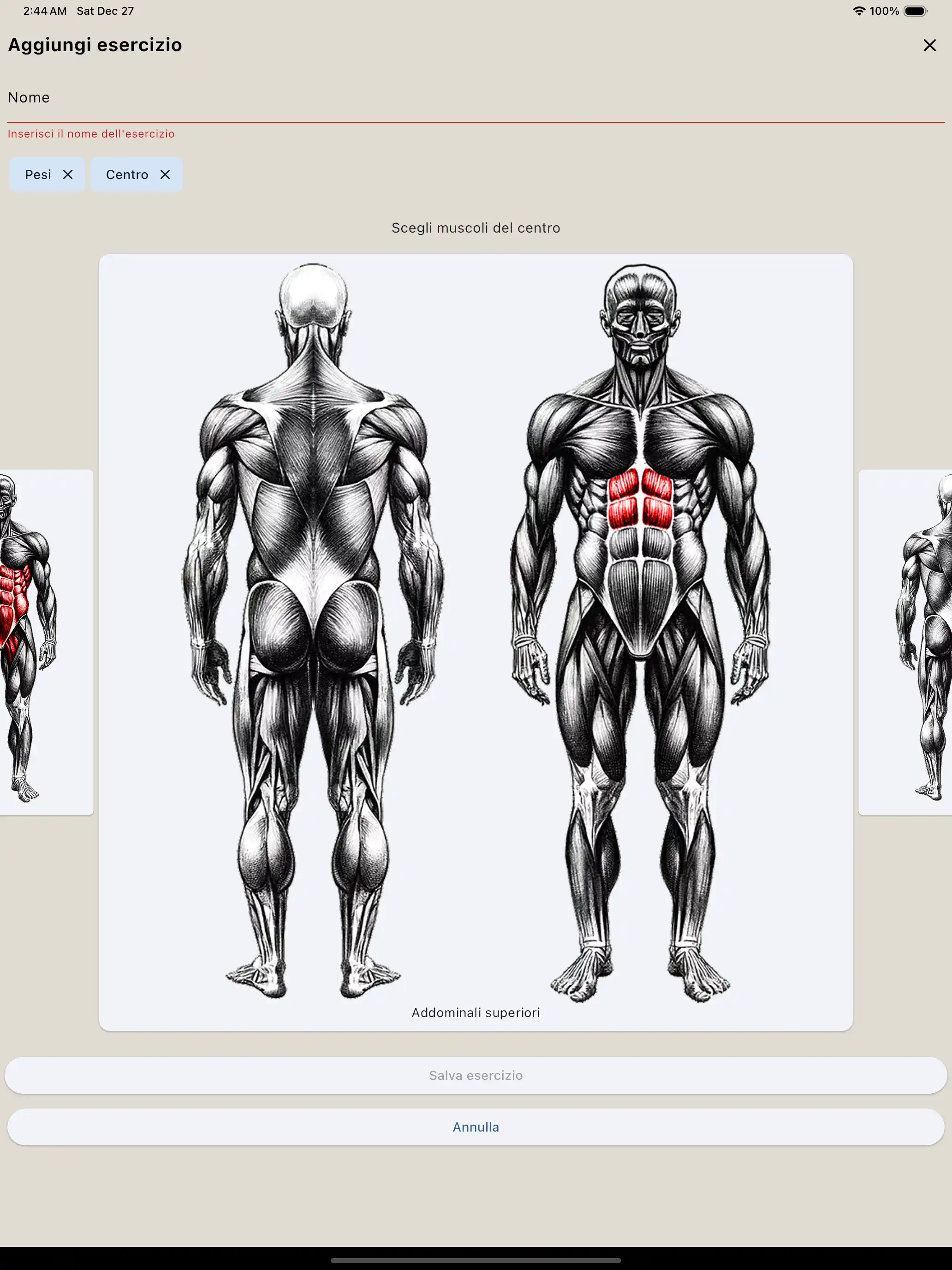 Creazione esercizio gruppo muscolare tablet