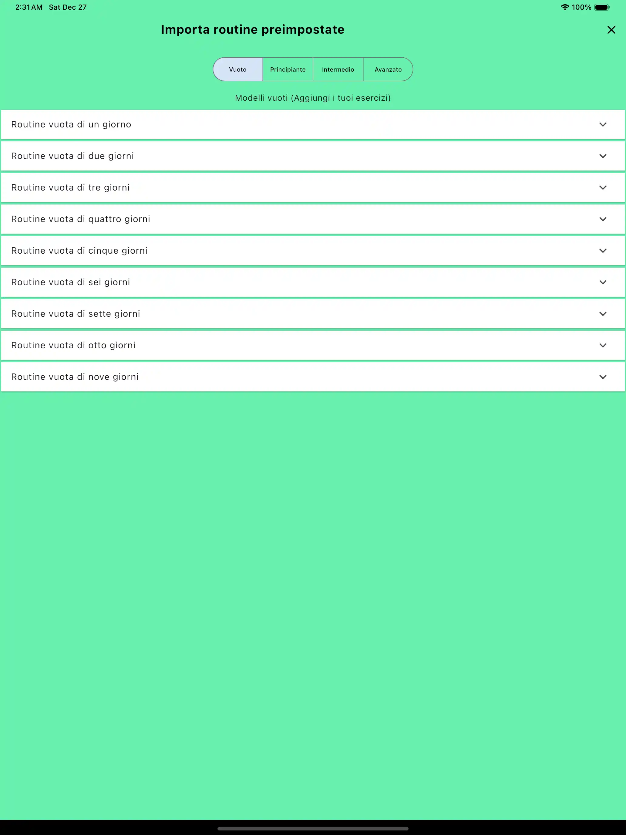 Importazione routine preset vuoti tablet