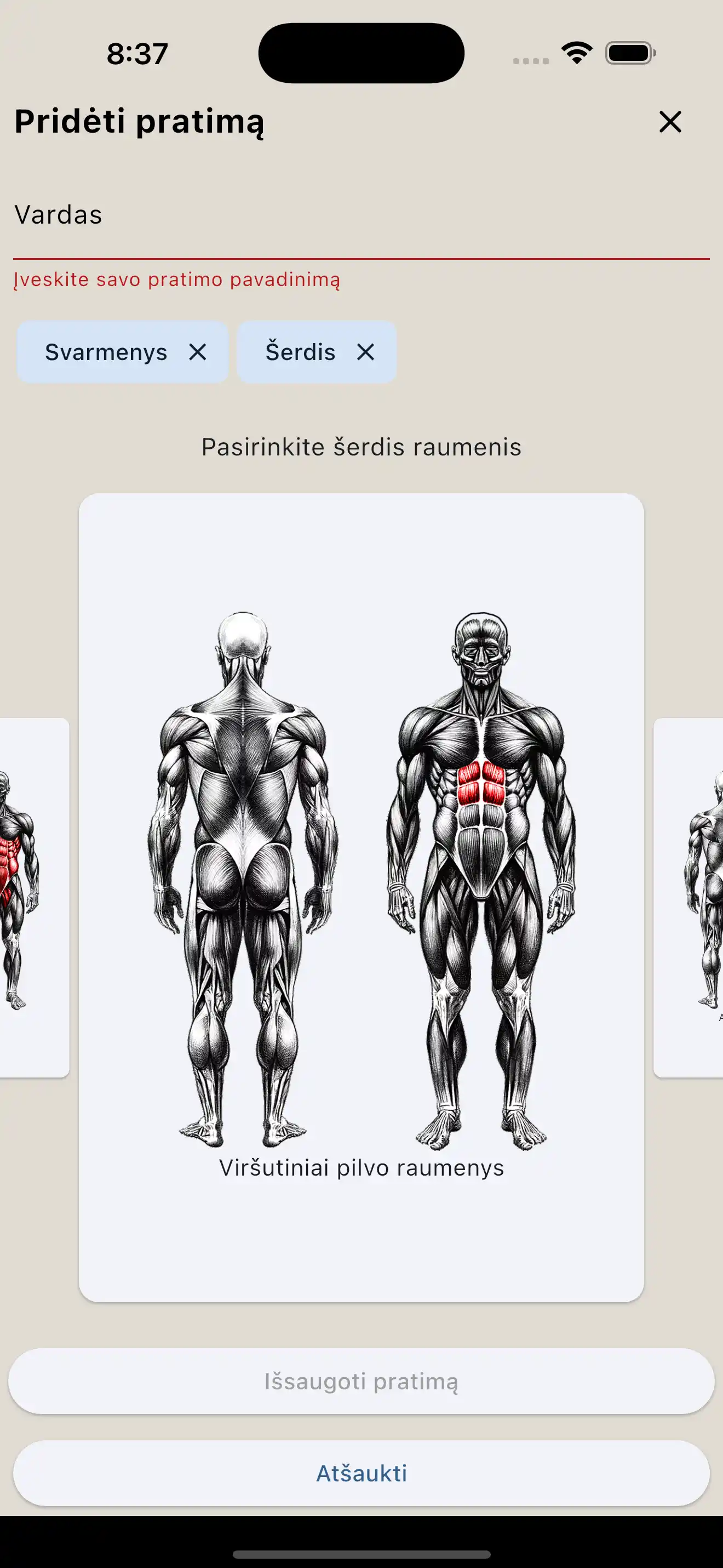 Pratimų kūrimo raumenų grupės telefonas