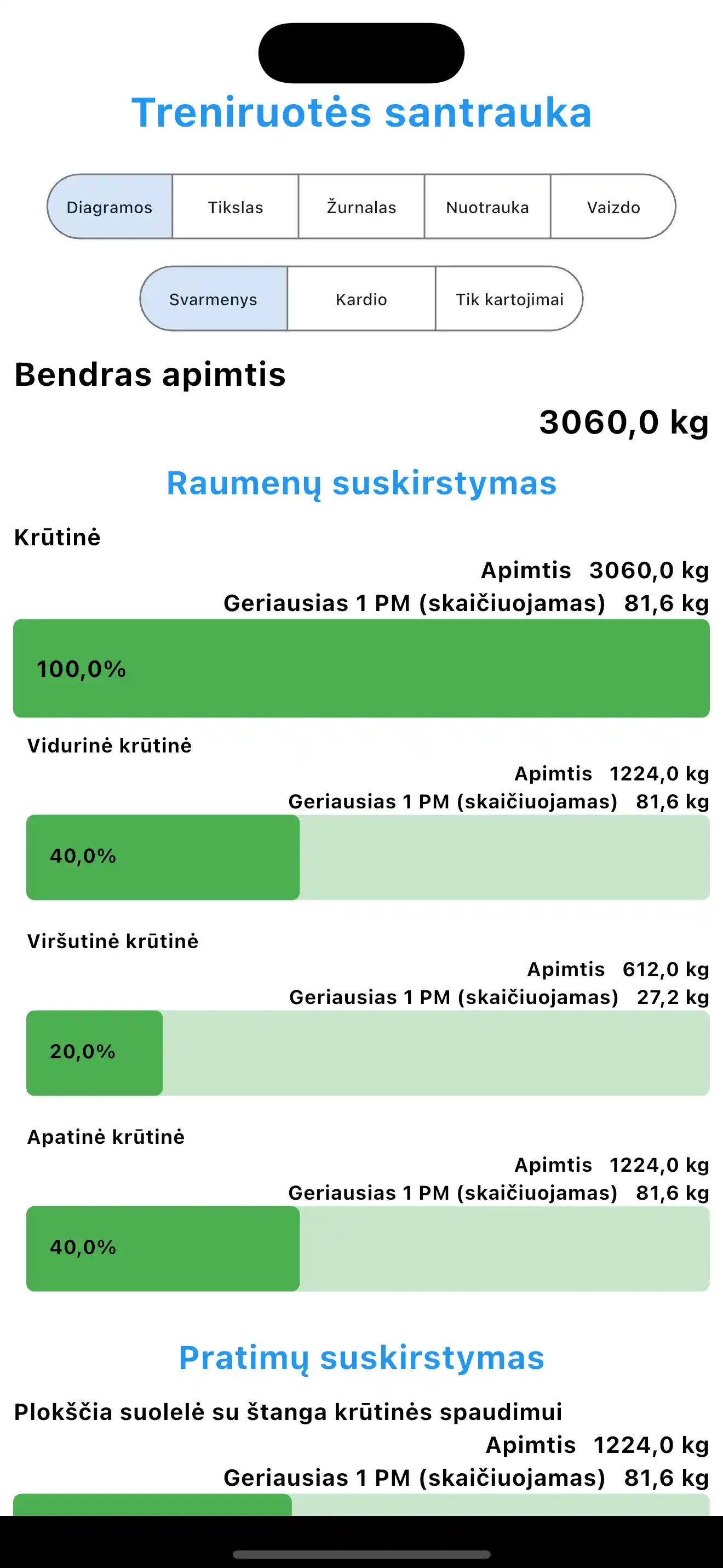 Treniruotės suvestinė pratimų išskaidymas