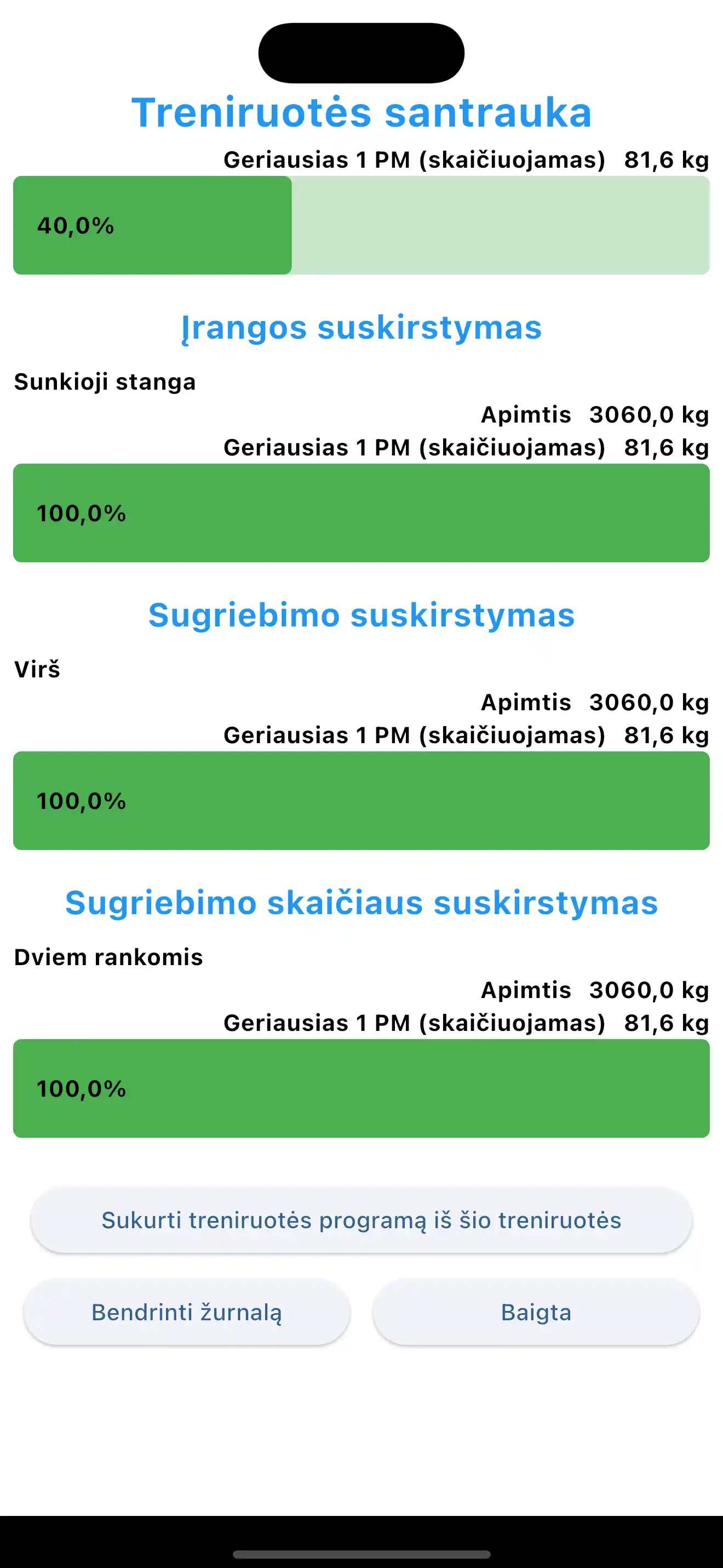 Treniruotės suvestinė suėmimų išskaidymas