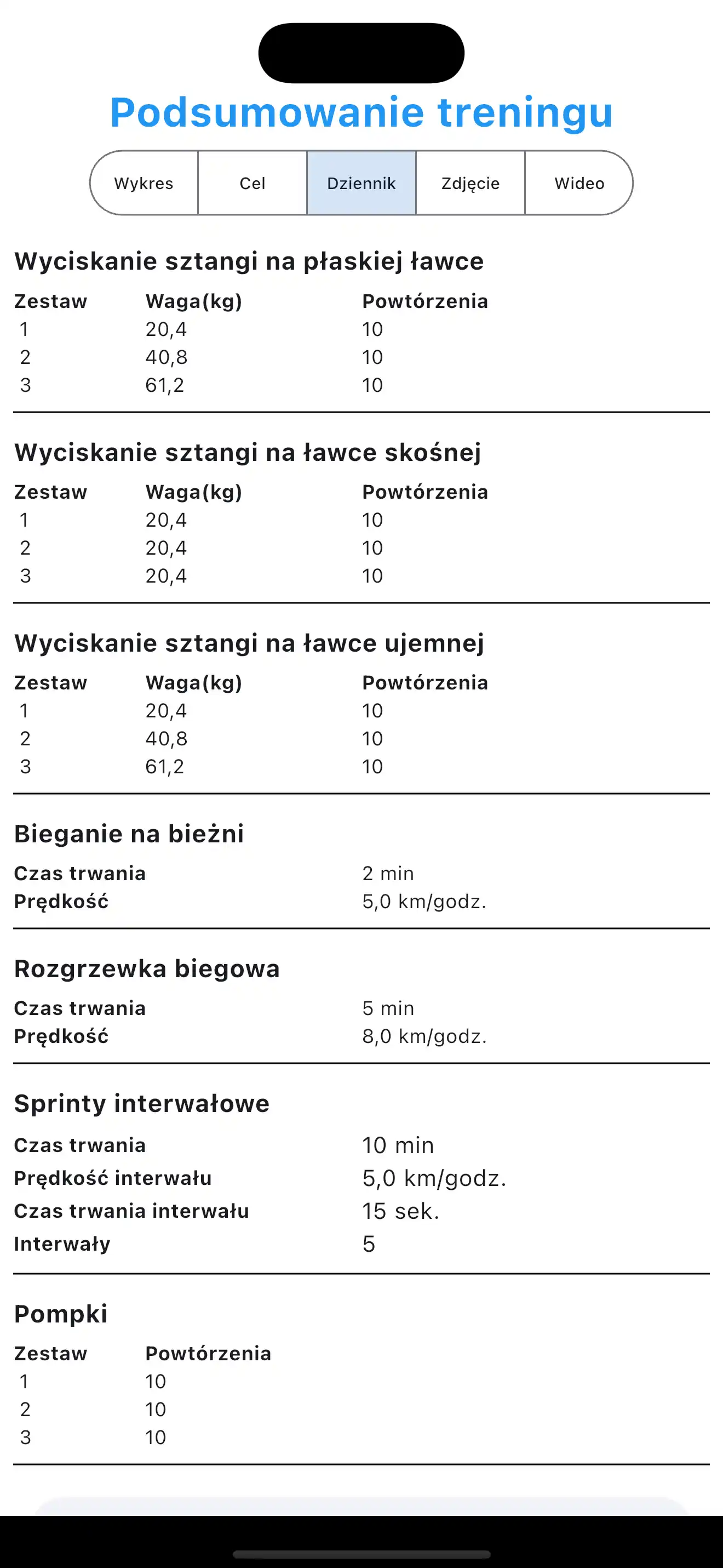 Przykładowy dziennik treningowy