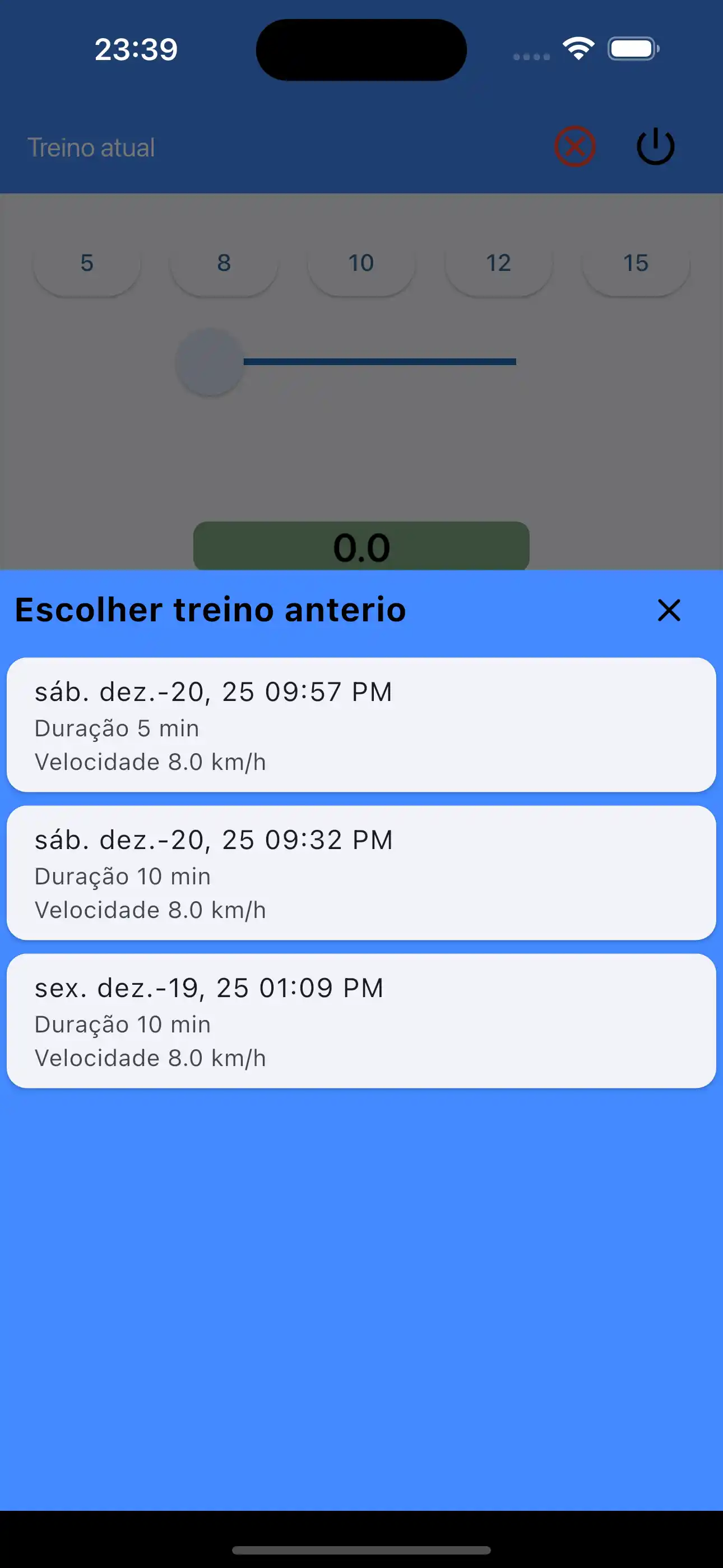 Escolher Últimas Configurações Aquecimento Cardio