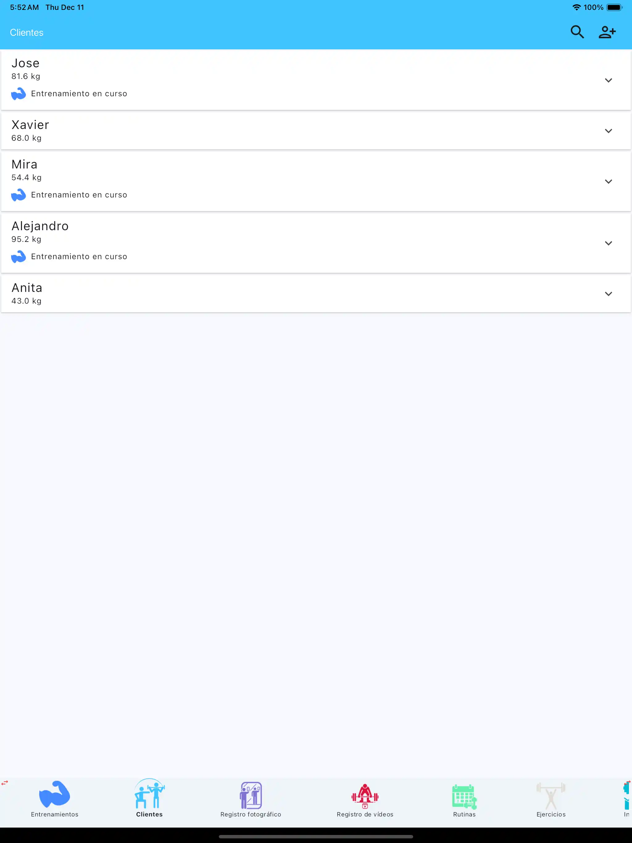 Lista de clientes de personal trainer com telefone