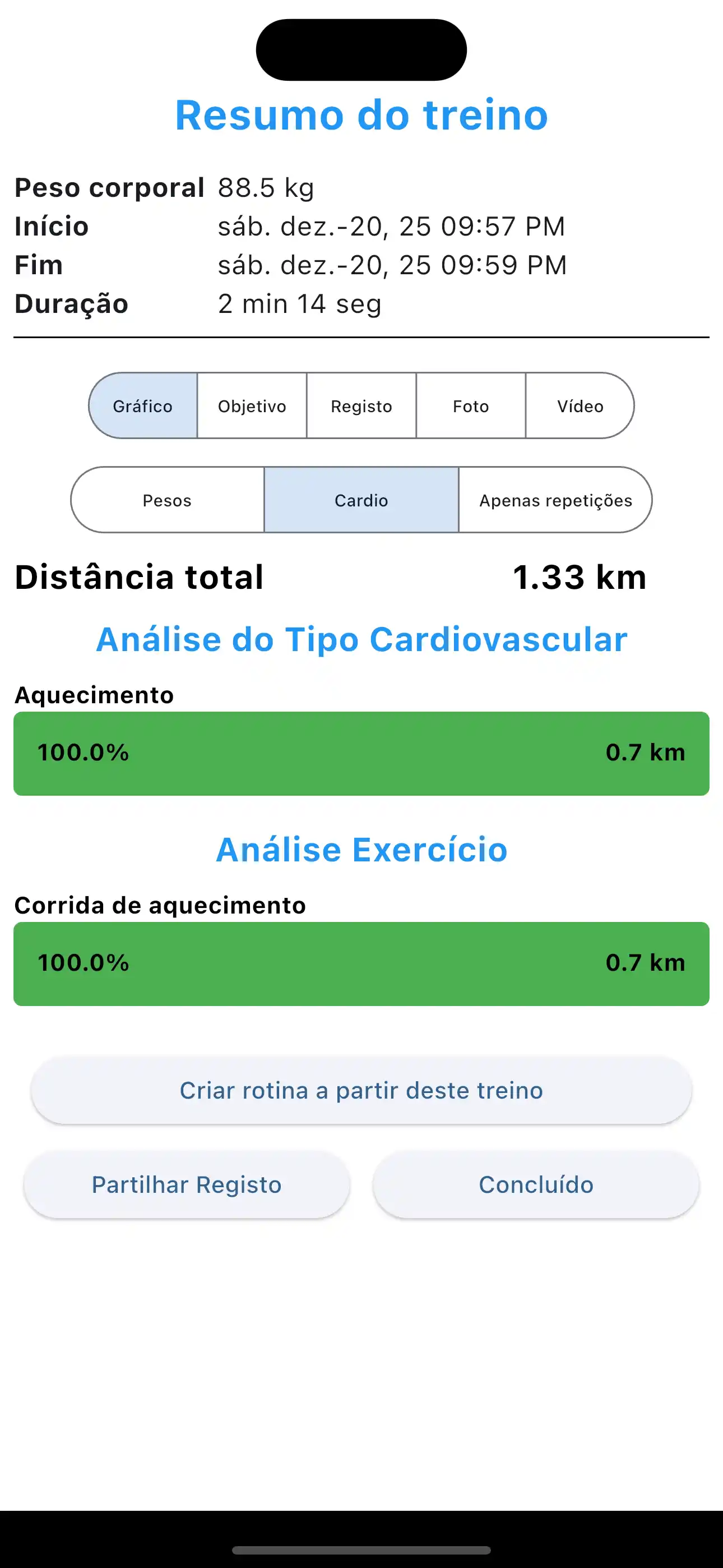 Resumo do treino cardiovascular