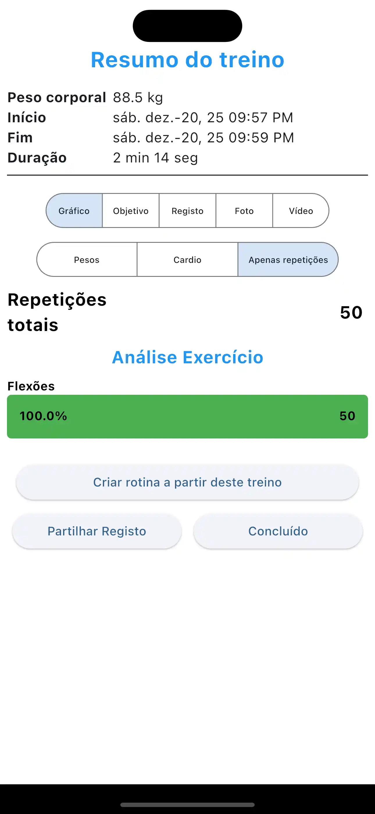 Resumo do Treino Apenas Repetições