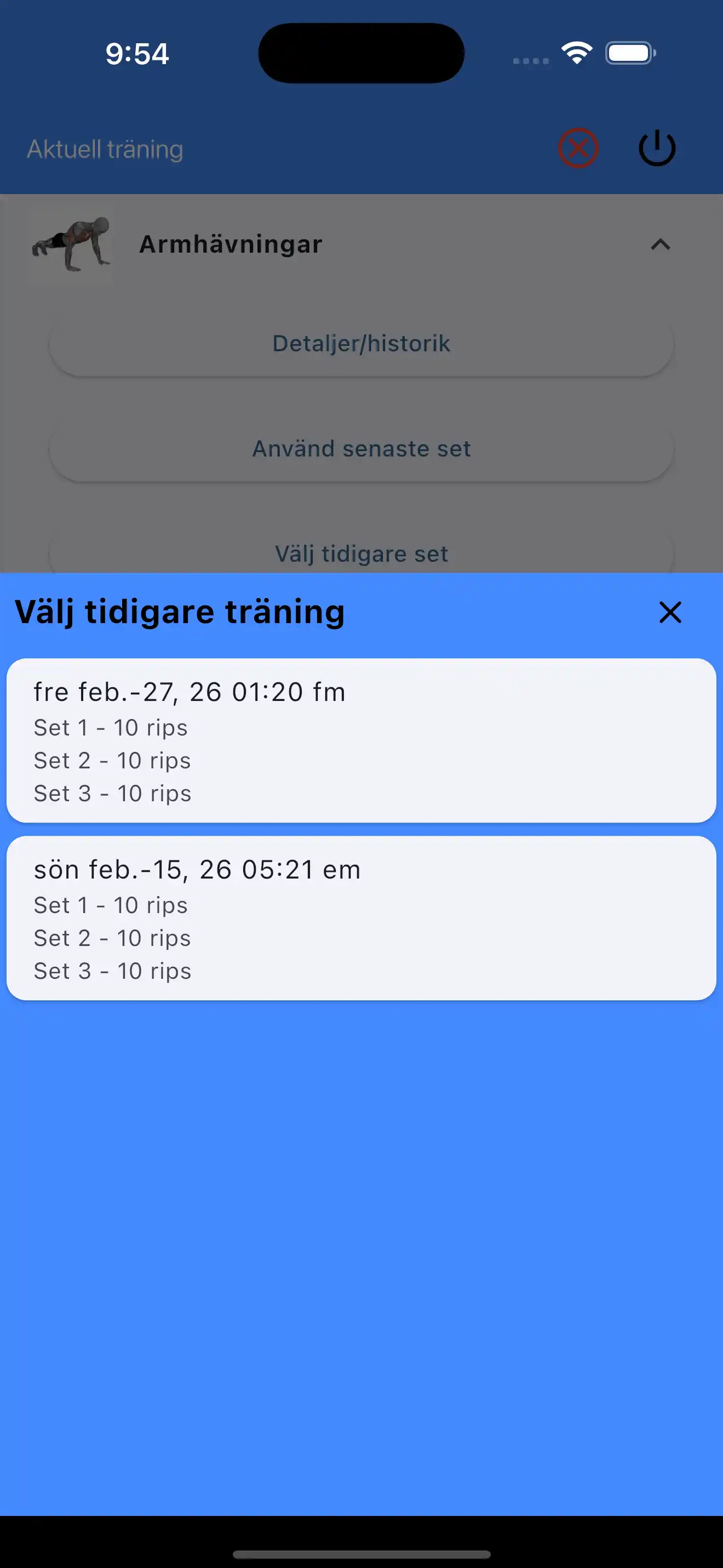 Välj senaste set endast reps