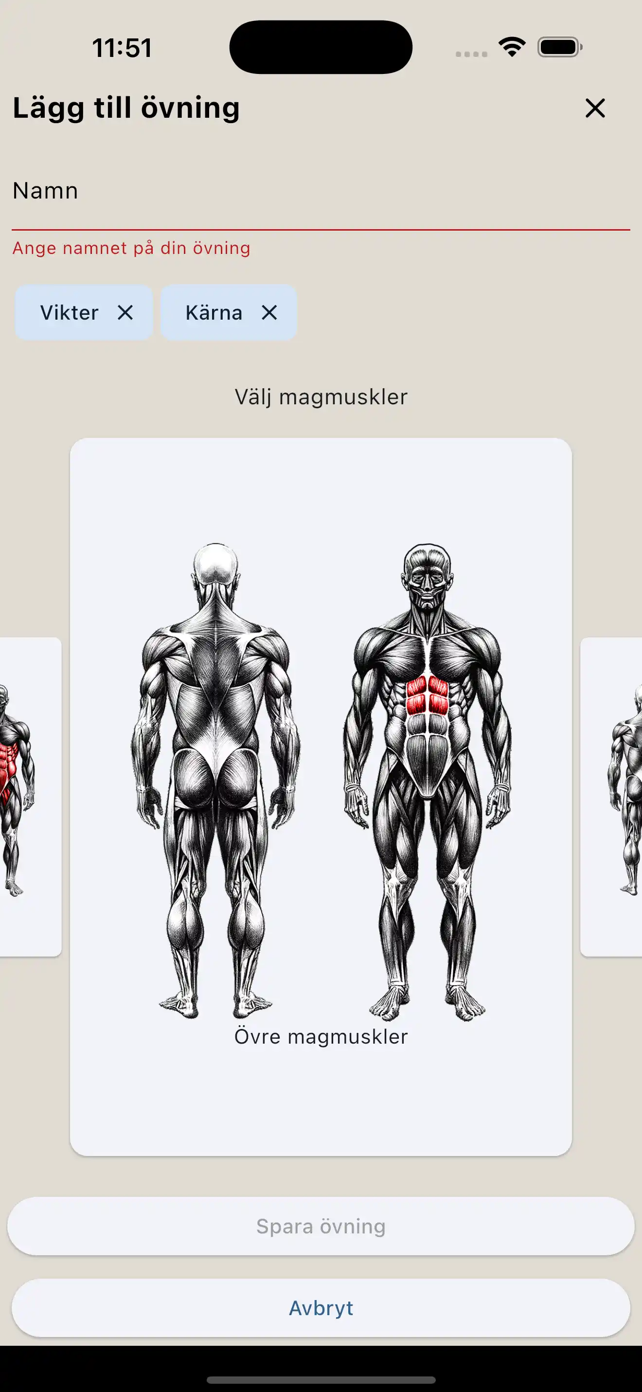 Övningsskapande muskelgrupp telefon