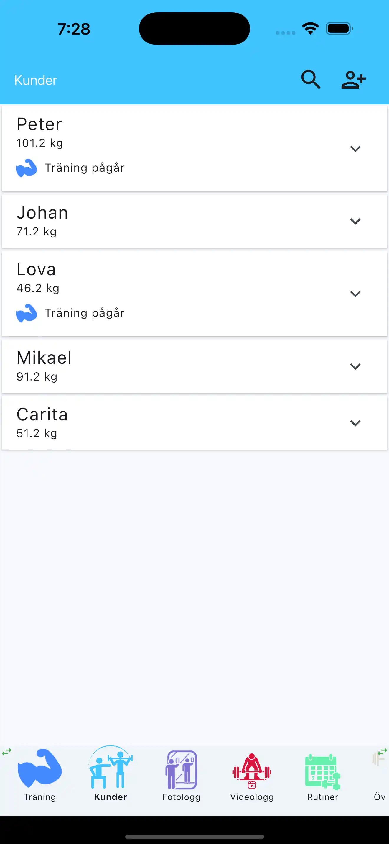 Kundlista för personliga tränare på telefon