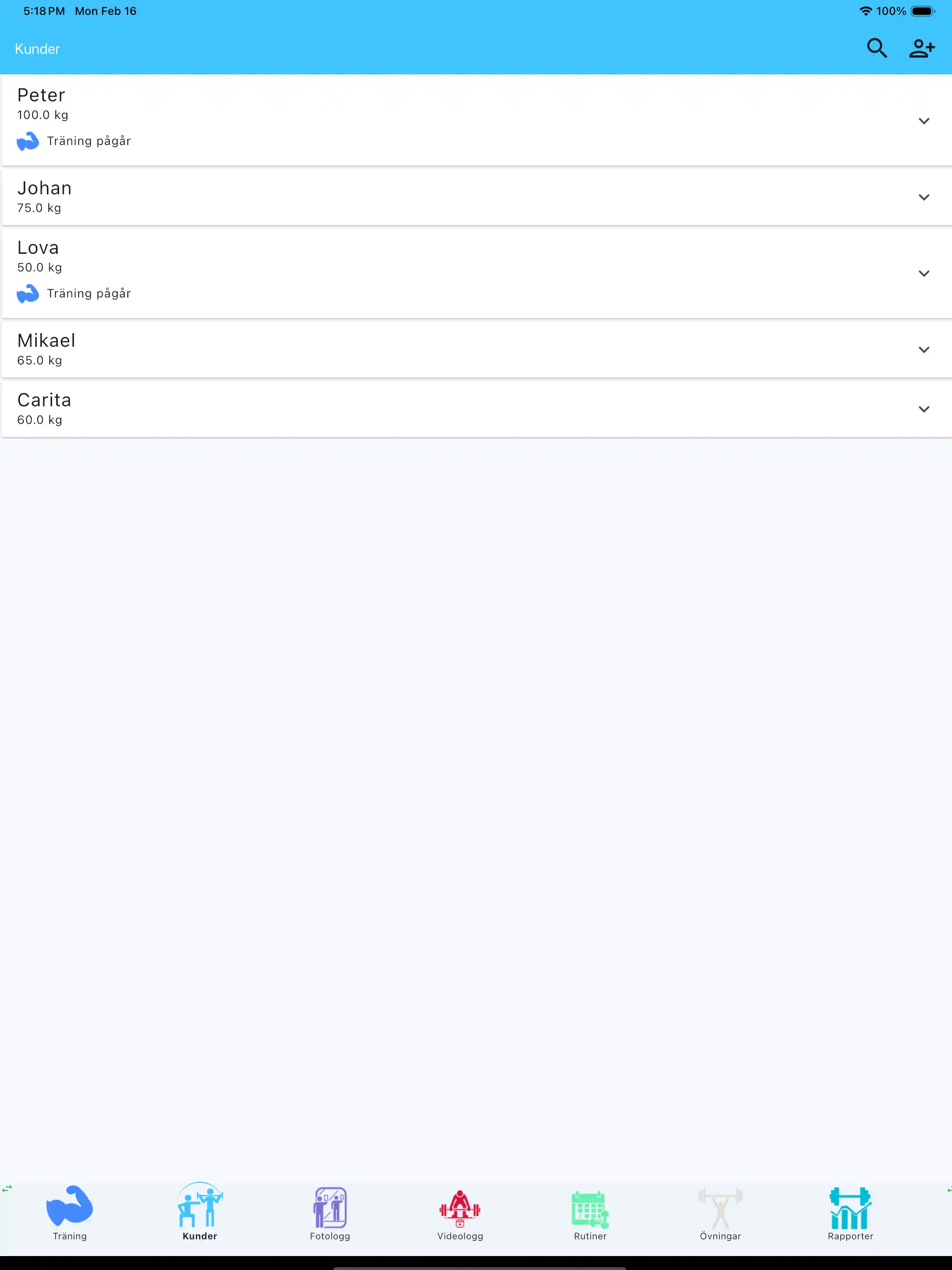 Kundlista för personliga tränare på surfplatta