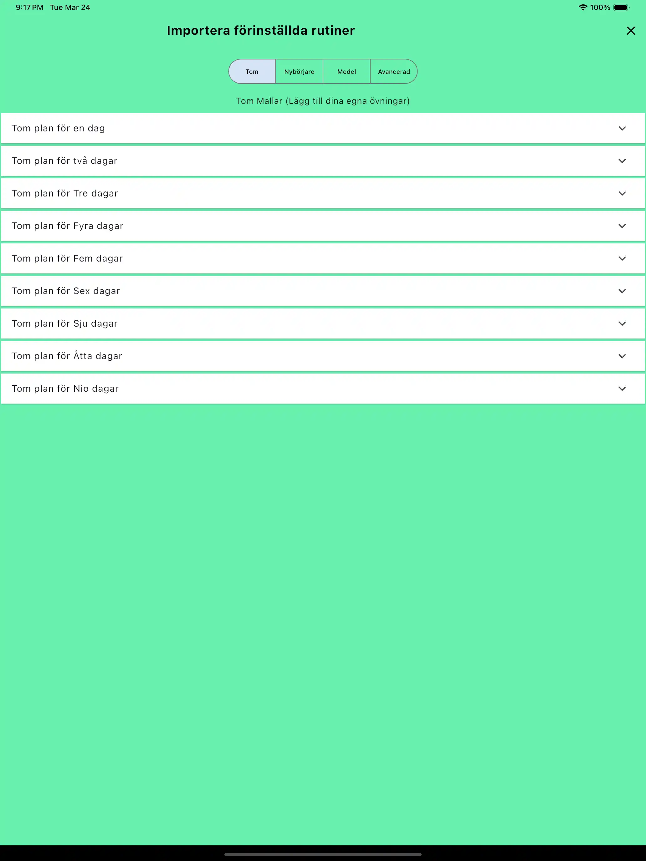 Importera förinställda blanka mallar på surfplatta